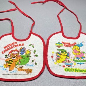 Vintage 1985 Baby Bibs Merry Christmas Disney Wuzzles Glo Friends Red White